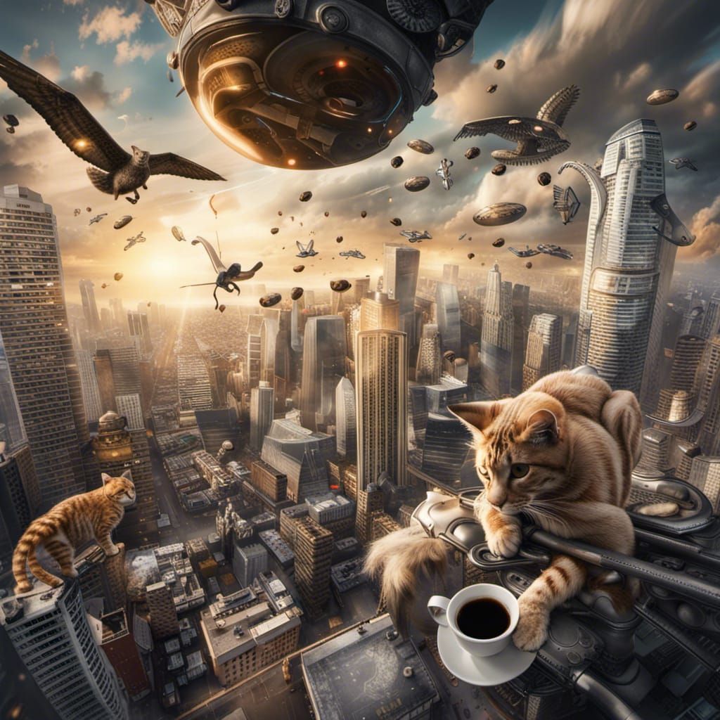Hyperrealistic Cityscape with Flying Cats and UFOs
