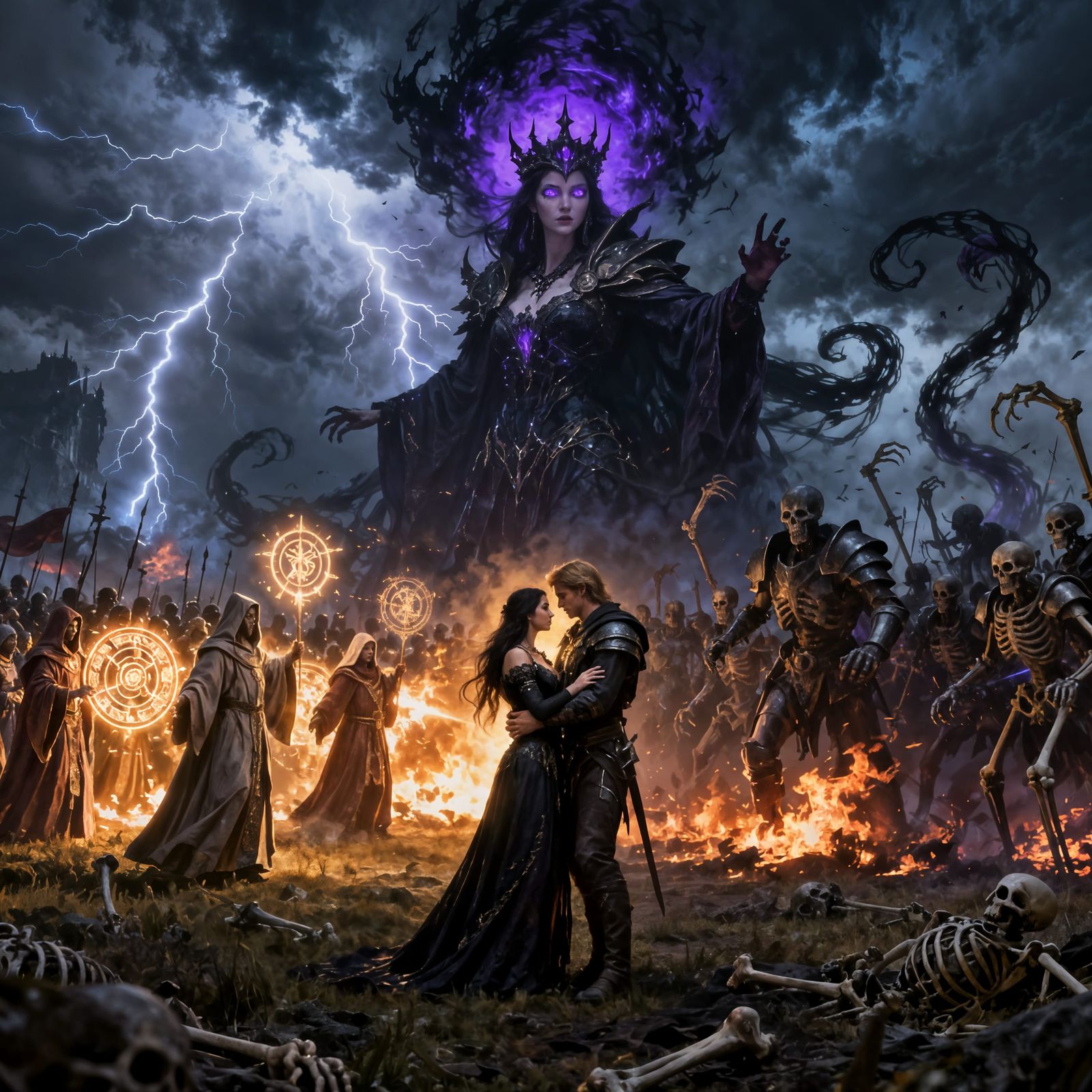 Necromancer Queen and Mage Embrace in Dark Fantasy Battlefie...