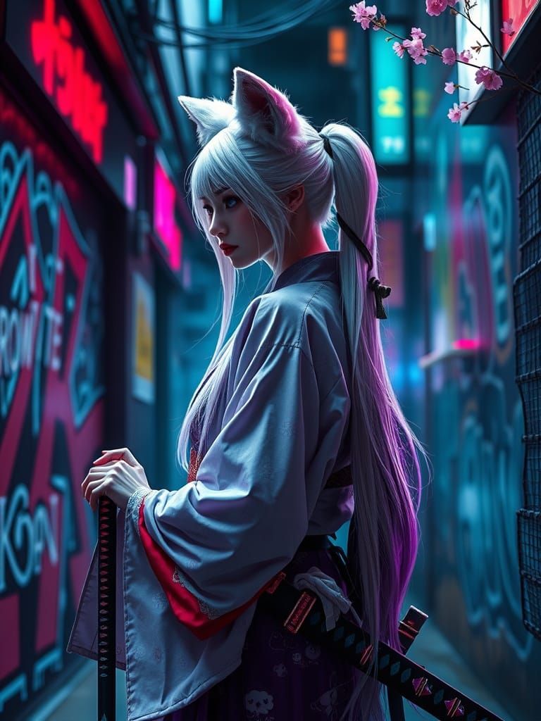 Cyberpunk Snow Wolf Samurai in Neon Alleyway