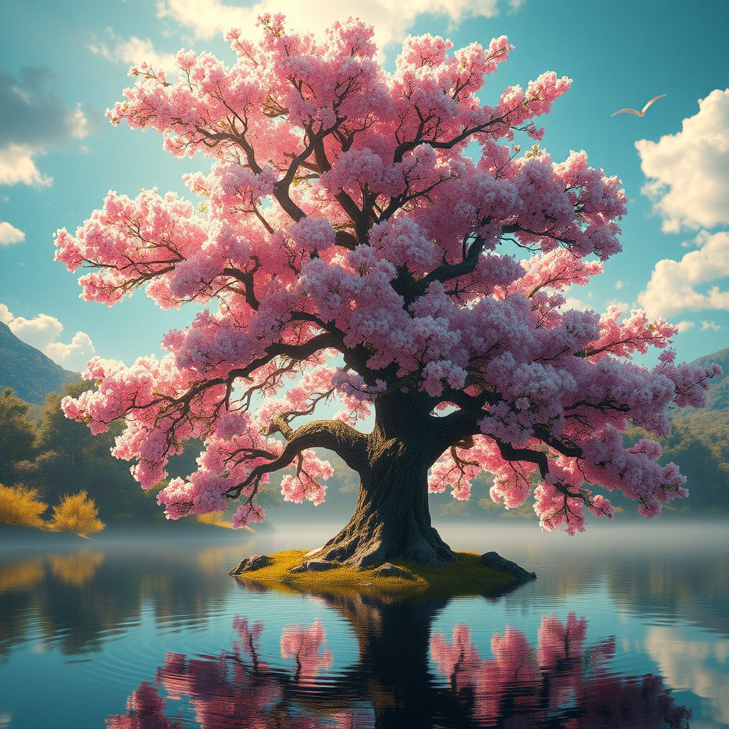 Cherry Blossom Tree in Sunlight: A Whimsical Matte Painting