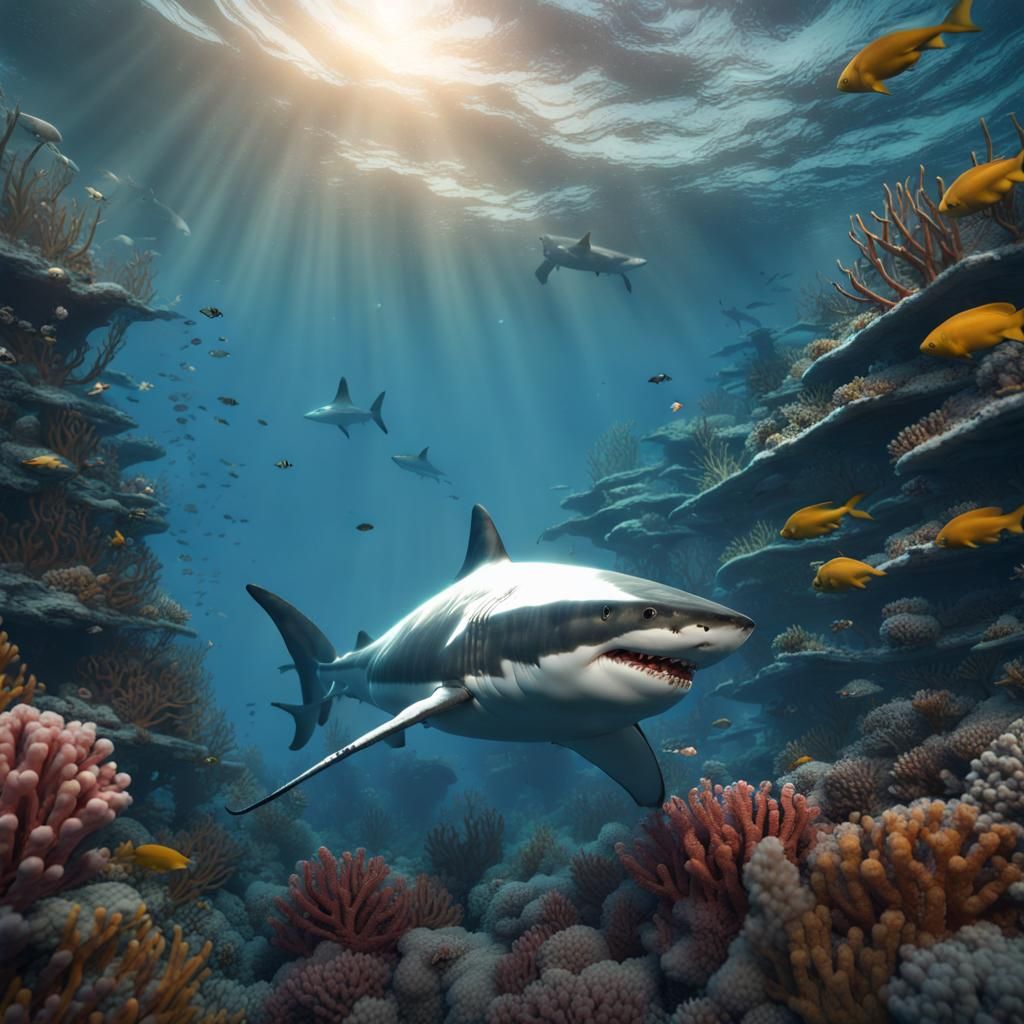 Great White Shark in Deep Ocean: Detailed Matte Painting