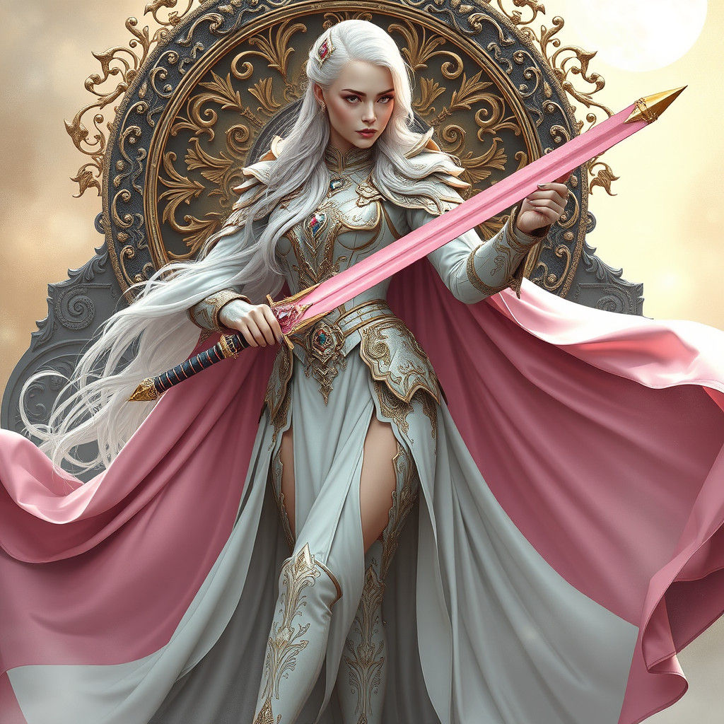 Regal Woman in Baroque Armor with Pink Sword