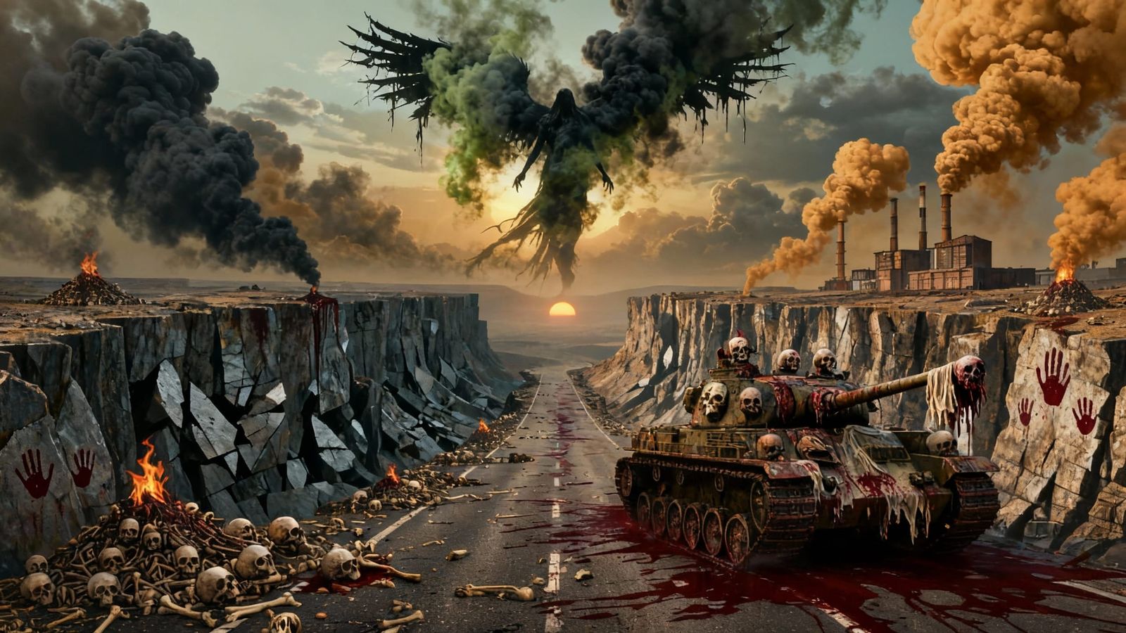 Dark Angel in Toxic Smoke Over Bone Highway