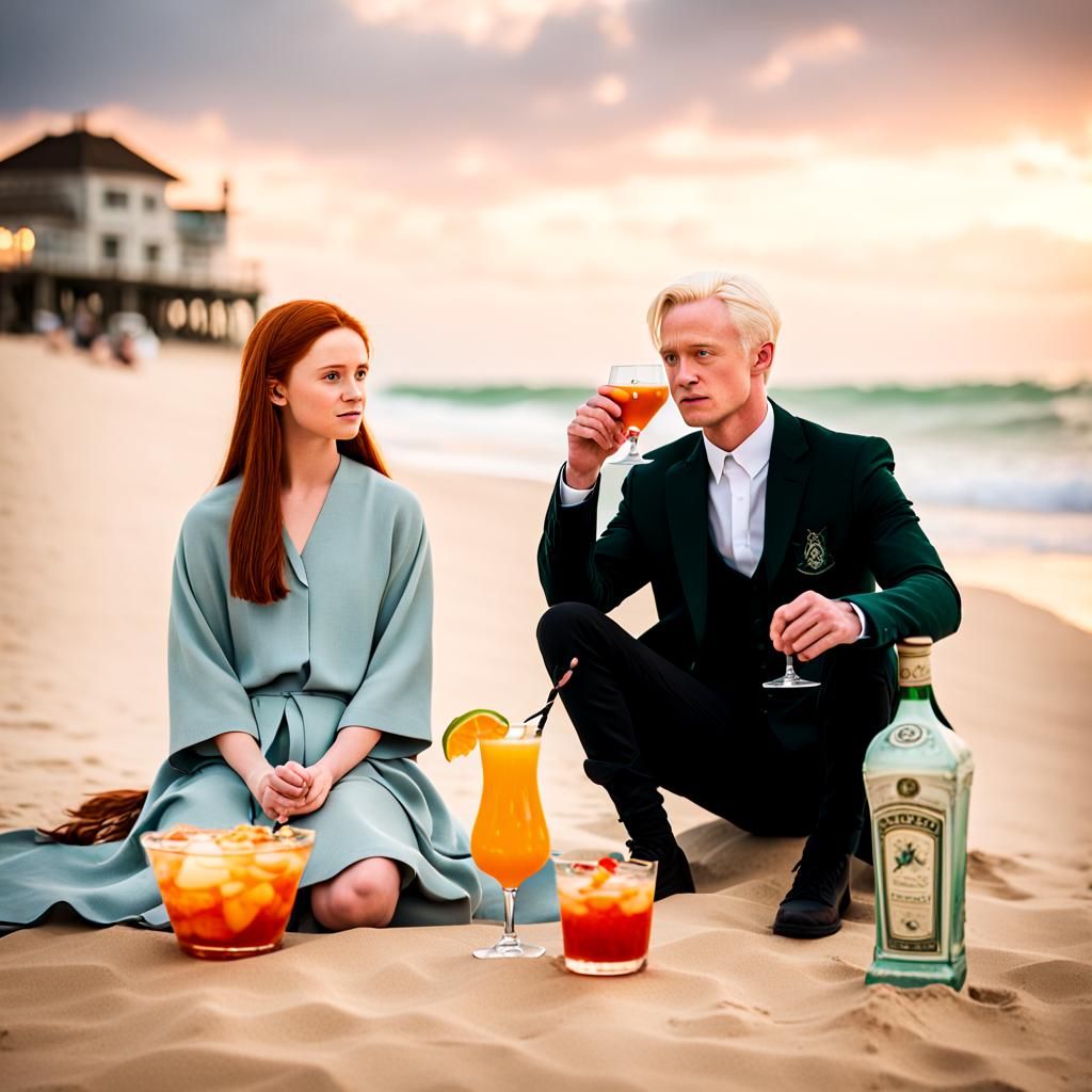 Draco Malfoy and Ginny Weasley on the beach with cocktails