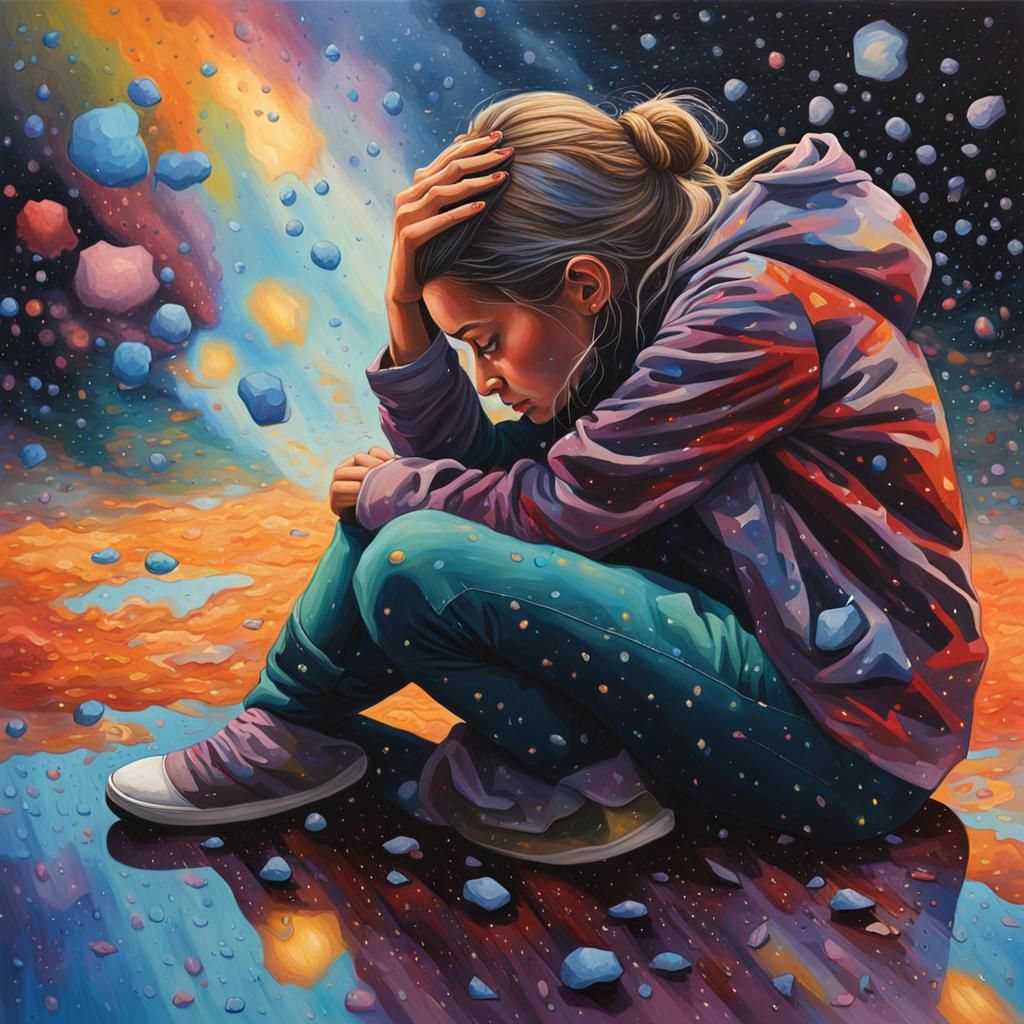 Woman's Cosmic Thoughts: Hyperrealistic Acrylic Painting