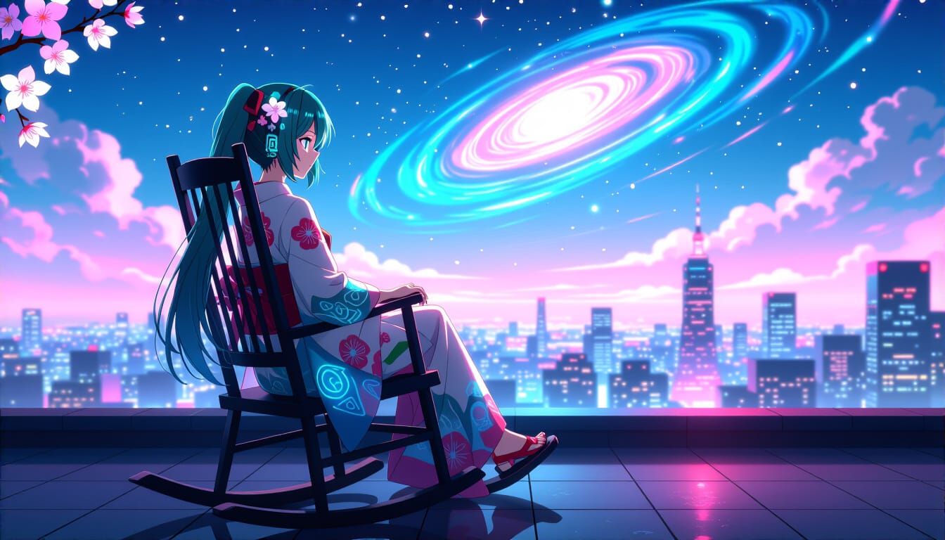 Hatsune Miku on Neon Tokyo Rooftop, Anime Style