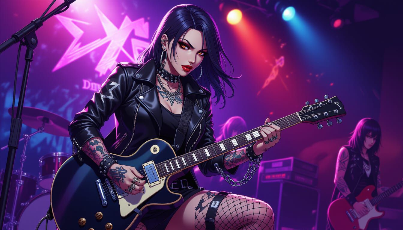Metal Woman with Guitar in Anime Style
