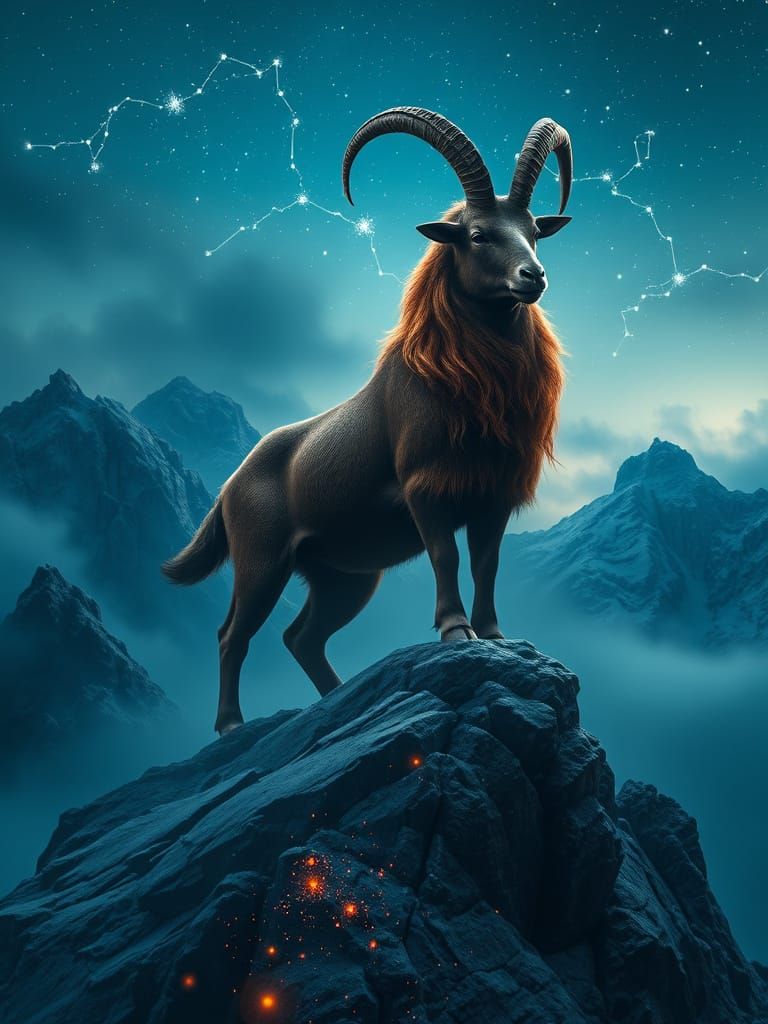 Majestic Capricorn in Ancient Mountain Range