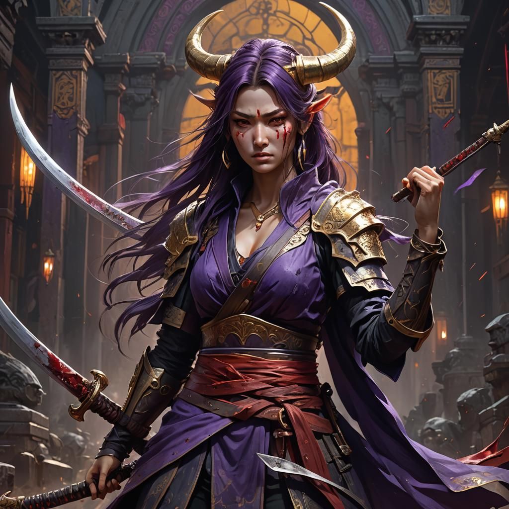 Horned Warrior with Katana in Dark Fantasy Style