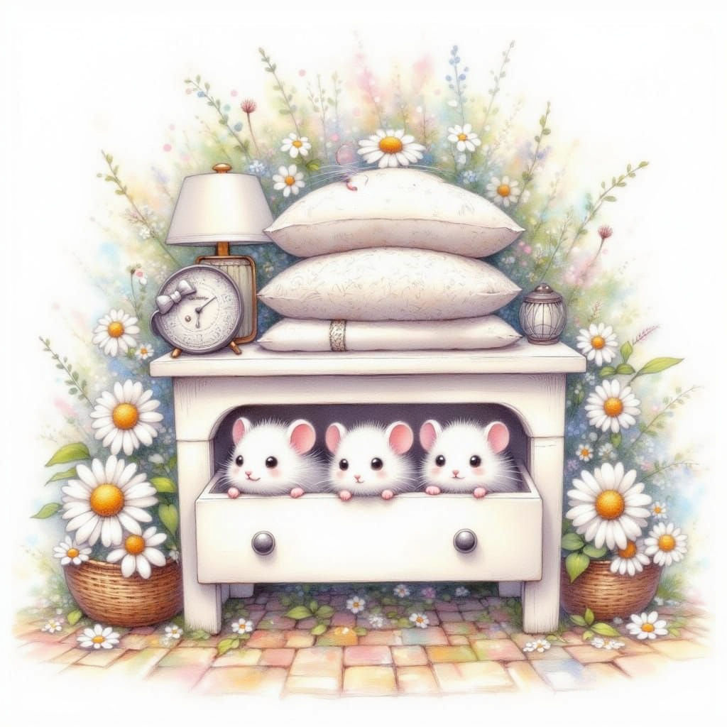 Charming Watercolor Mice in Bedside Table Drawer