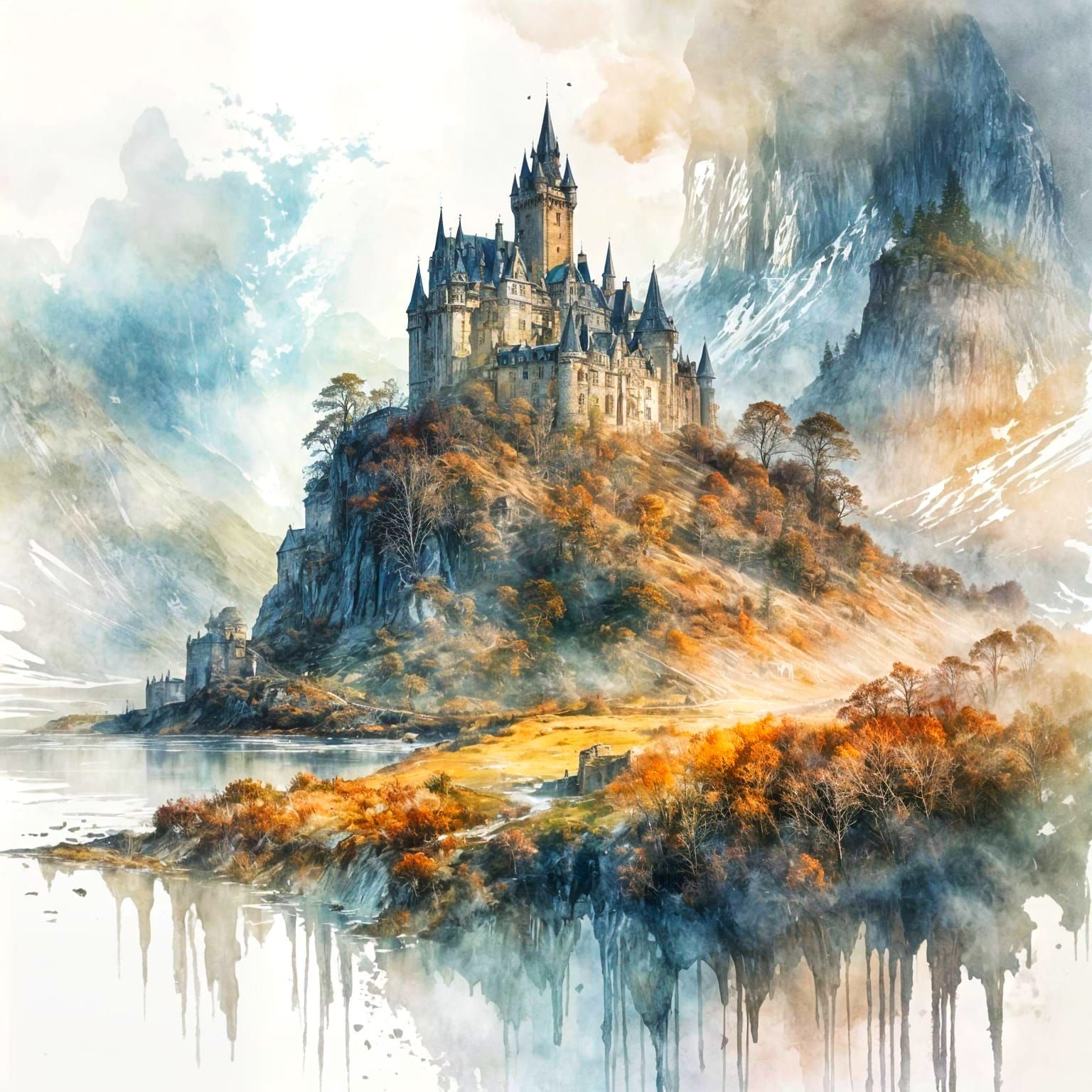 Scottish Highlands Castle in Watercolor Style