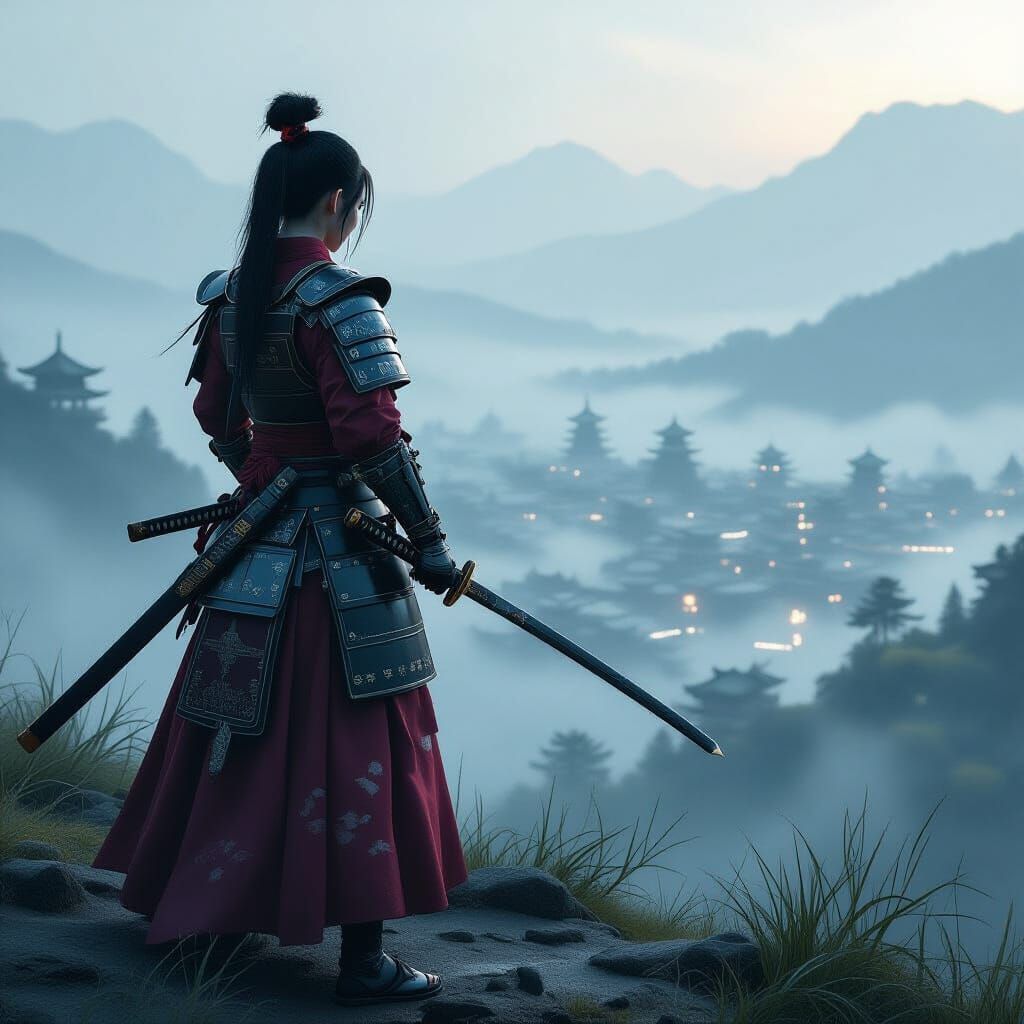 Armored Samurai on Misty Hillside in Hyper-Realistic Style