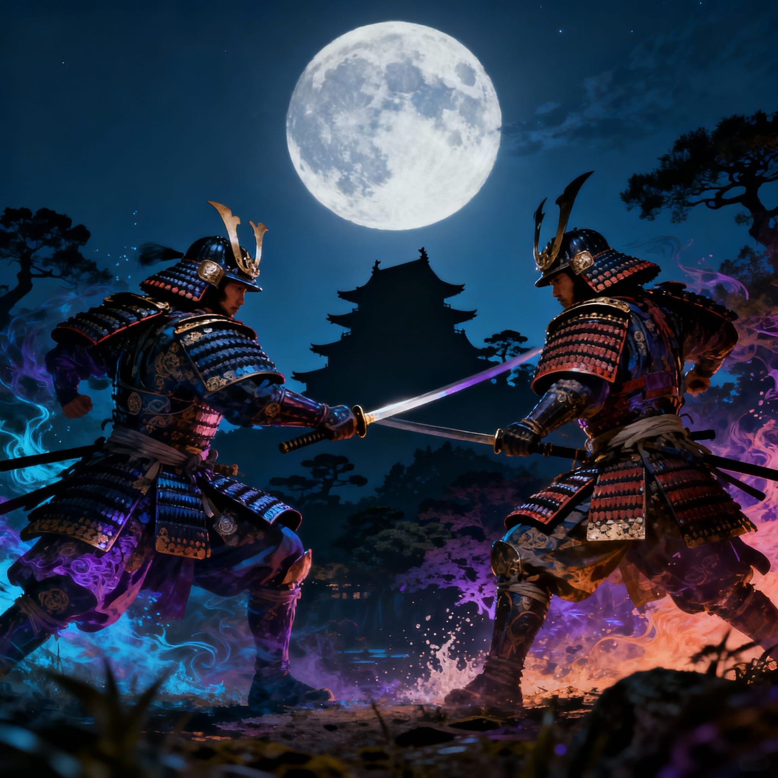 Samurais Fighting Under Full Moon With Nijo Castle