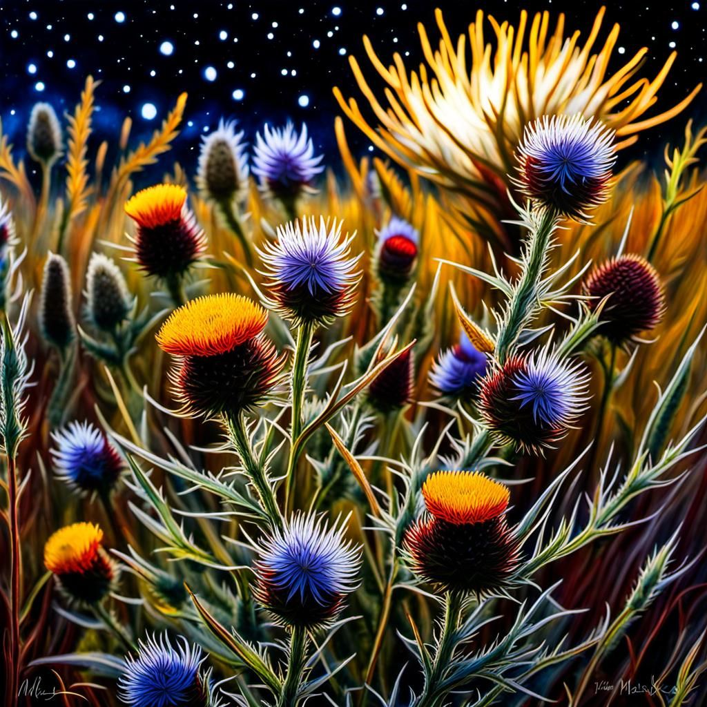Moonlit Thistle Meadow: A Hyper-Realistic Surrealist Paintin...