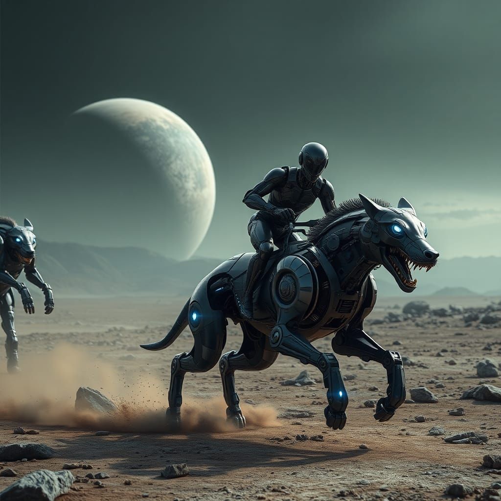 Robot Rider on Metallic Dog Across Alien Terrain
