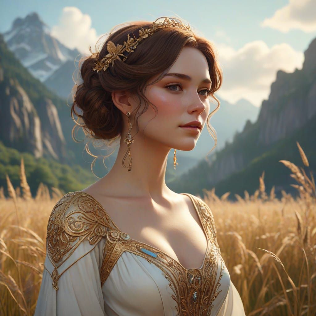Ethereal Woman in Golden Hour, Elegant White Gown, Majestic....