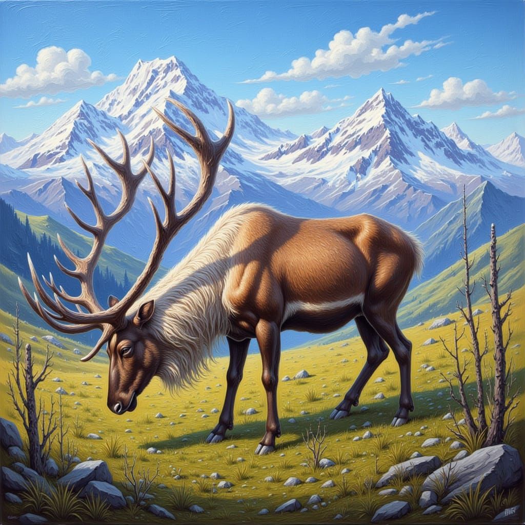 Majestic Reindeer Grazing in Vibrant Tundra Impasto Painting