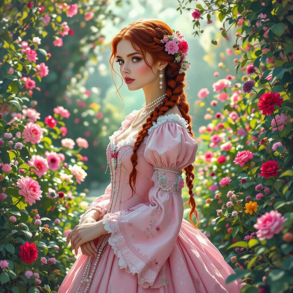 Gothic Princess with Braided Hair in Surreal Garden