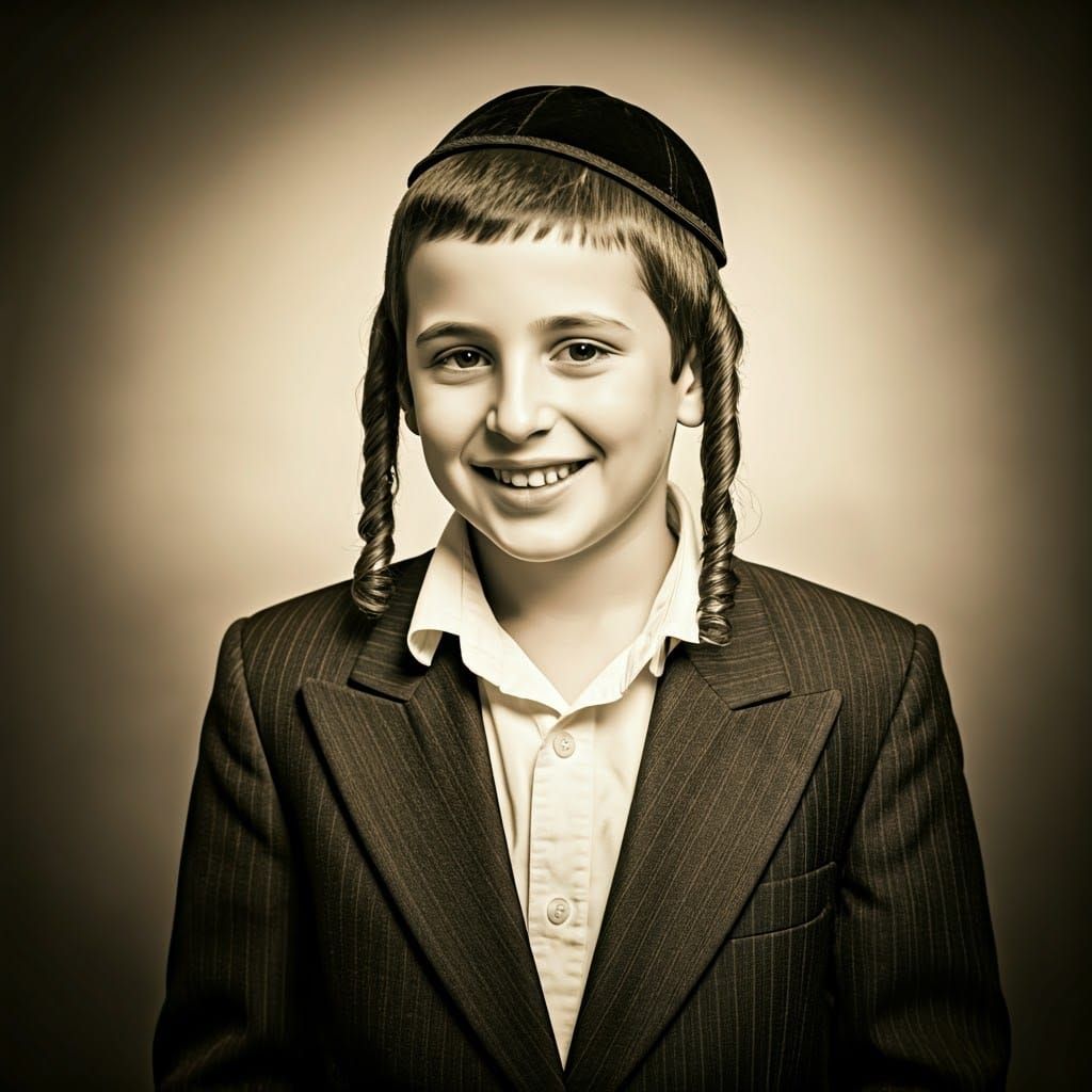 Smiling Hasidic Boy in Black and White Watercolor
