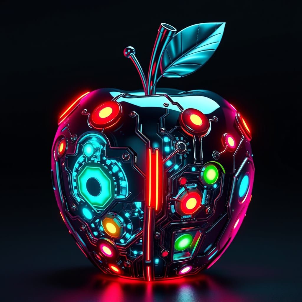 Futuristic Mechanical Apple in Neon Noir Style