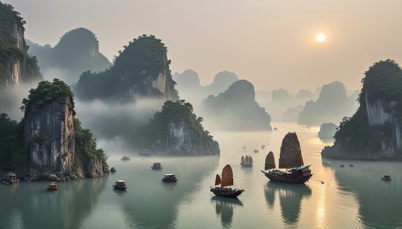 Halong Bay in Misty Morning, Chinese Landscape Painting