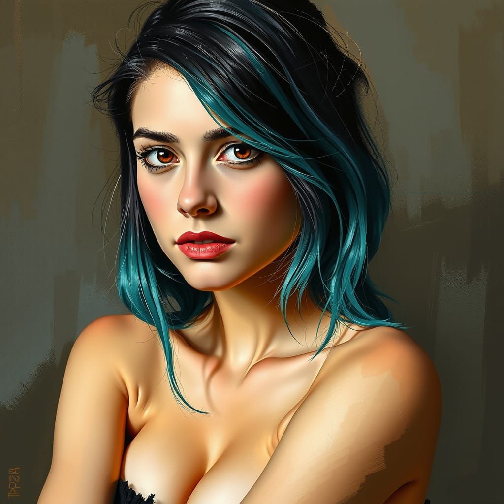 Brunette with Teal Hair in Expressive Impasto Style