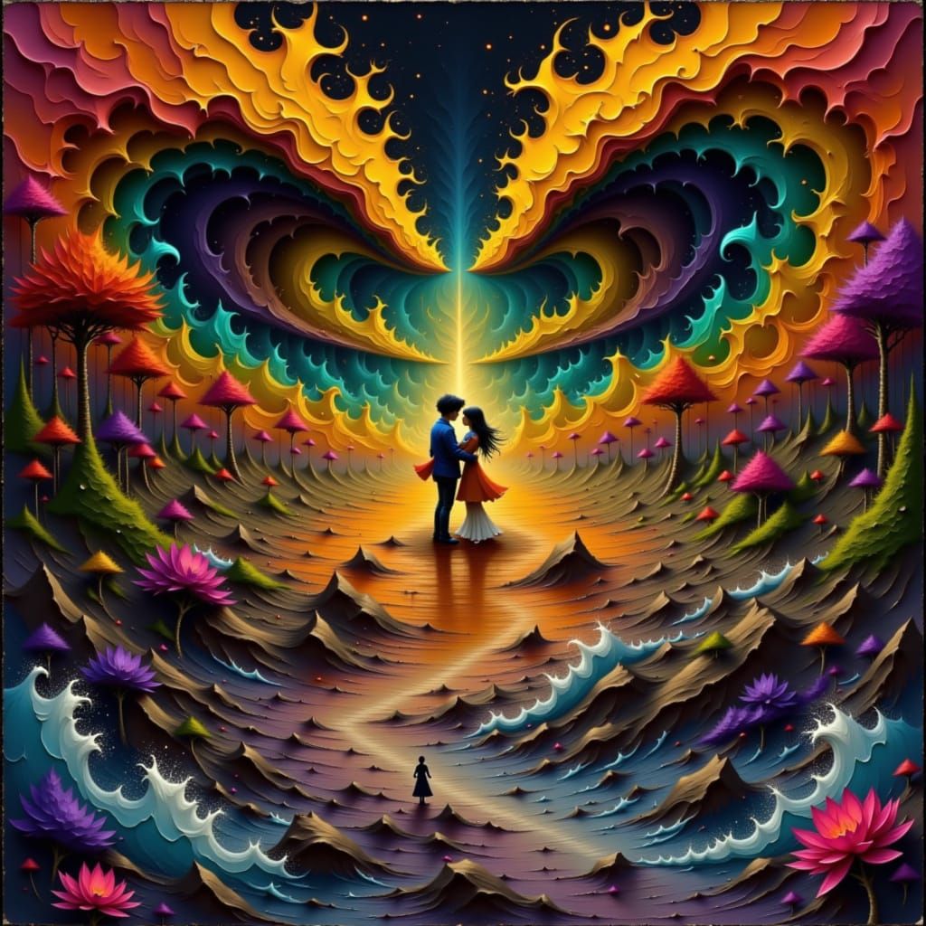 Couple Embracing Amidst Elemental Chaos