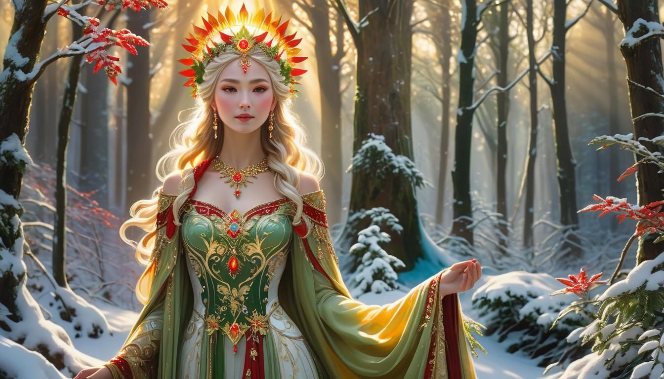 Radiant Sun Goddess in Snow-Covered Forest