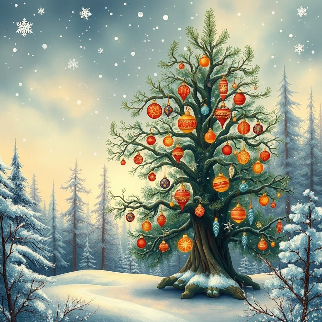 Dreamy Winter Wonderland with Majestic Tree and Soft Lights