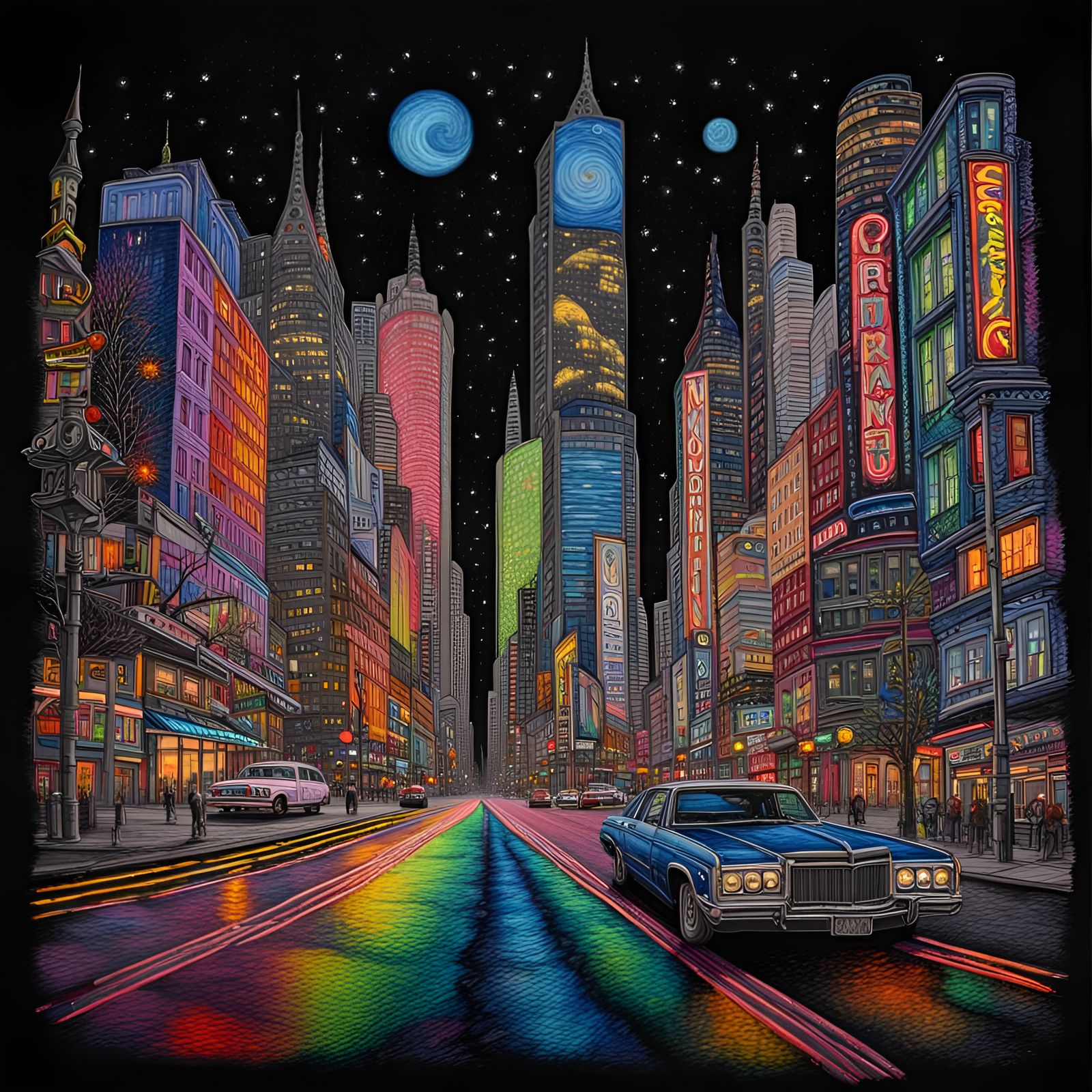 Vanishing point perspective, big city main street,  Starry night sky, Prismatic neon painted on black velvet,  fantasy l...