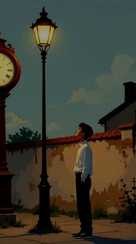 Teenager's Joyful Dusk Moment by Worn Clock and Streetlamp