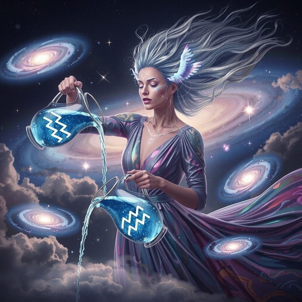 Celestial Aquarius Goddess in Futuristic Style