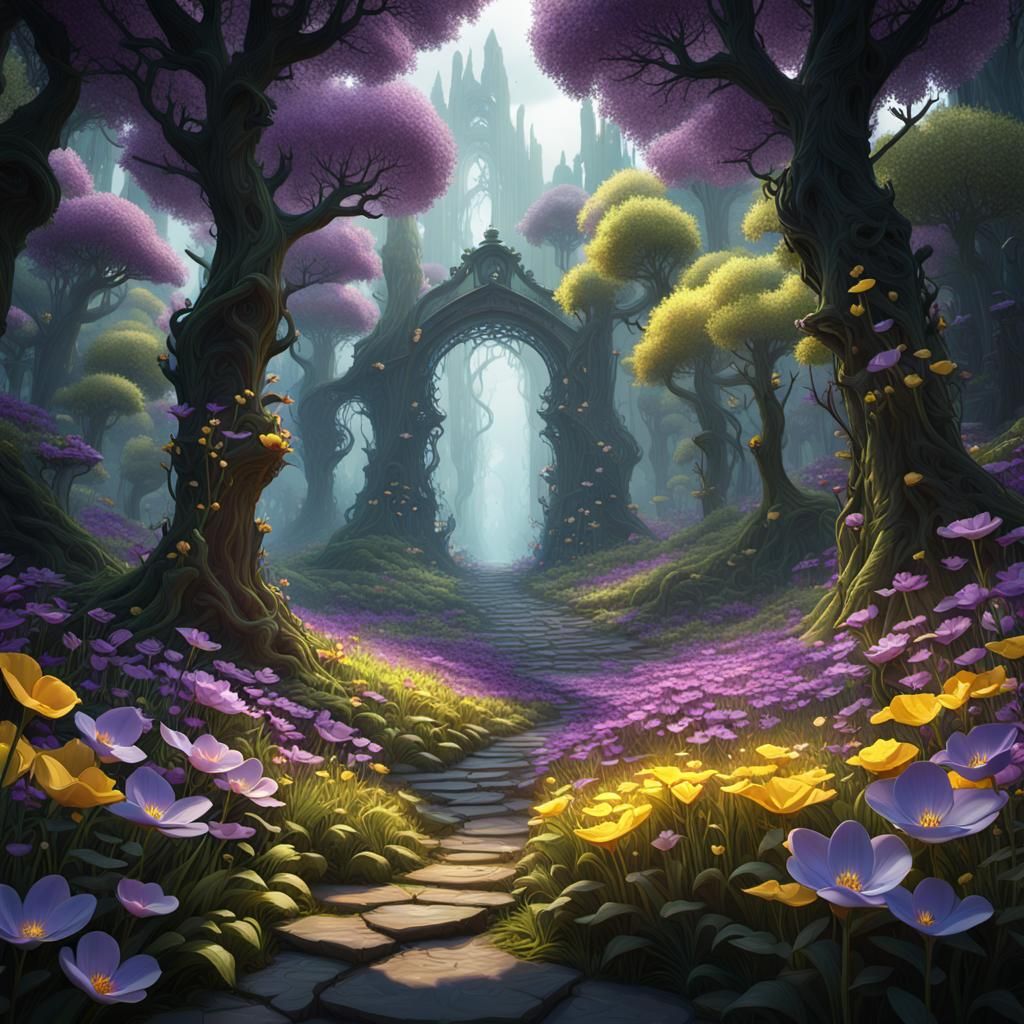 Enchanting Forest Hidden in Blossoming Flower, Dark Fantasy
