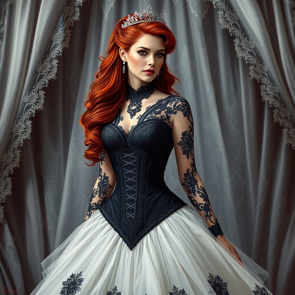 Acrylic and chalk highly detailed digital painting regal and elegant woman in a gothic Victorian-inspired setting, weari...