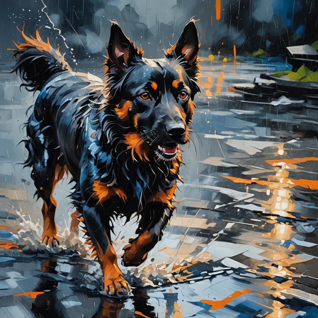 Dog Playing in Rain: Abstract Expressionist Painting