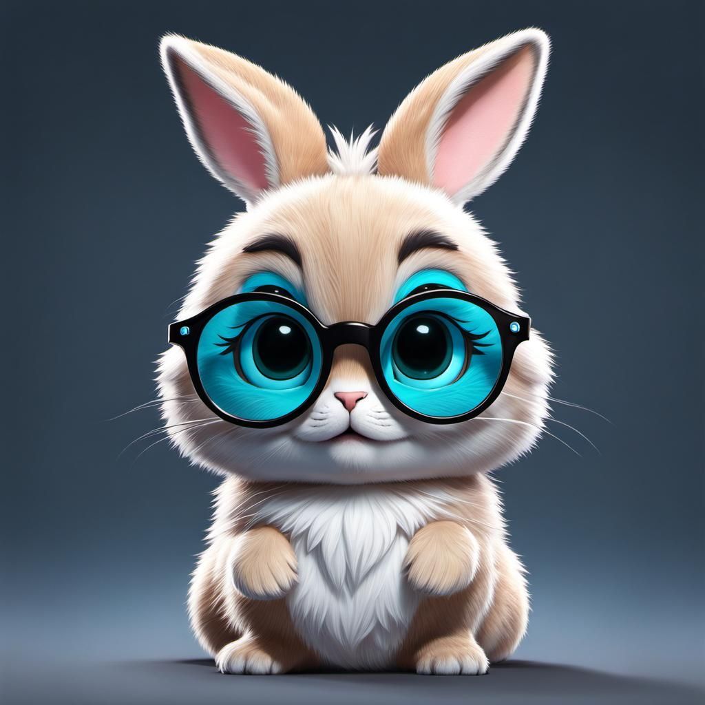 Adorable Cyan Bunny with Glasses, Digital Art
