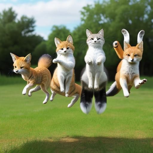 Happy Fox and Kittens Jumping in Joy