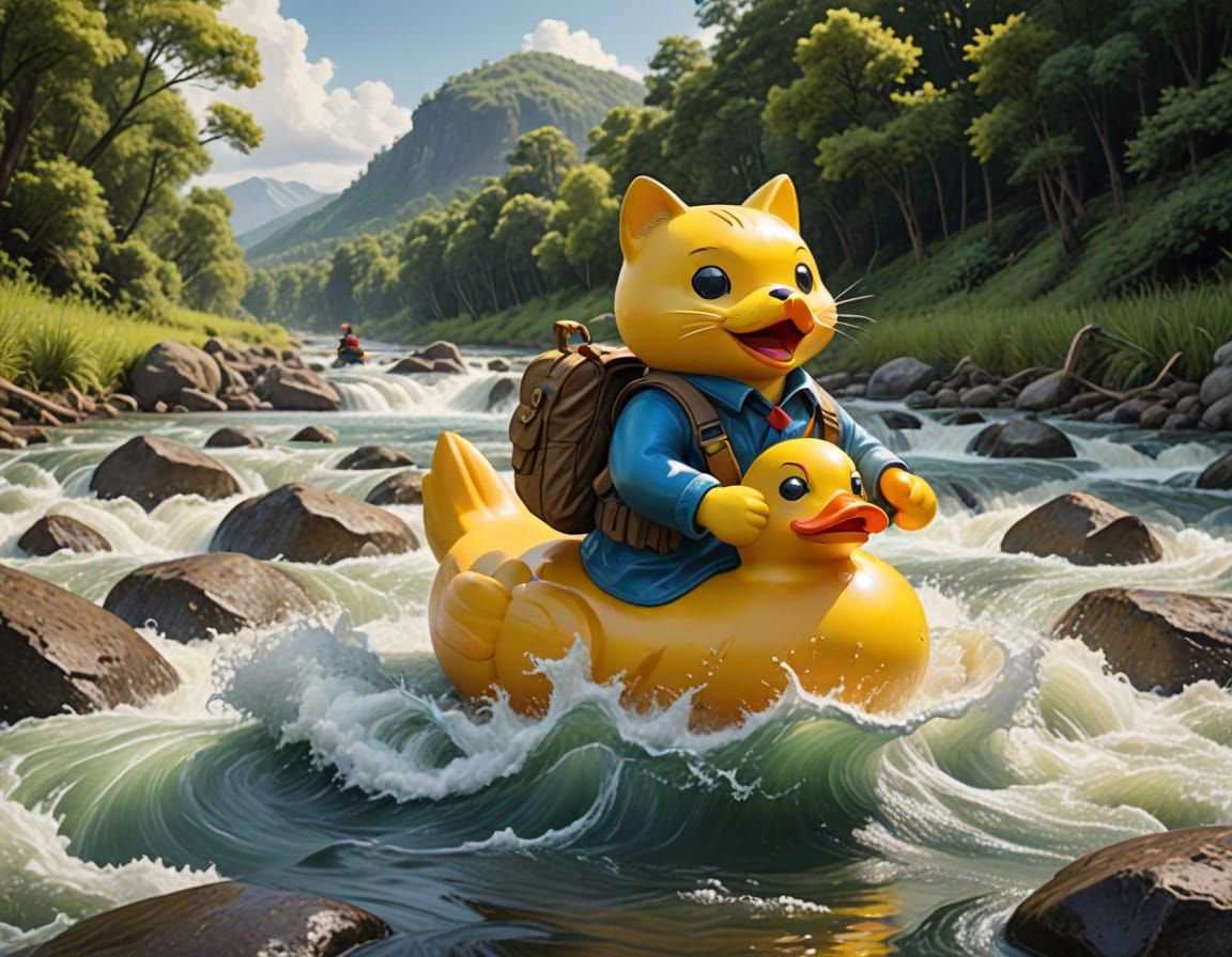 An anthropomorphic explorer cat riding a giant rubber duck d...