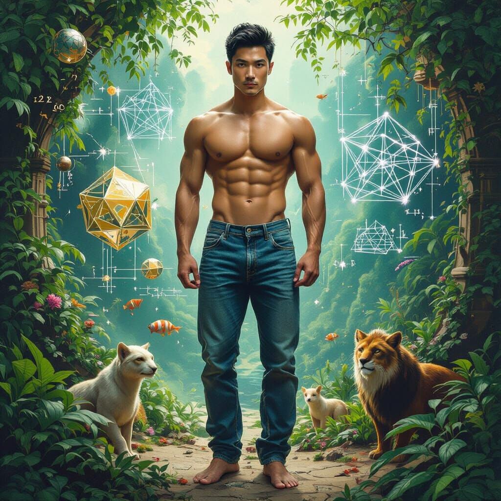 Surreal Paradise: Man with Math Equations in Oil Paint Style