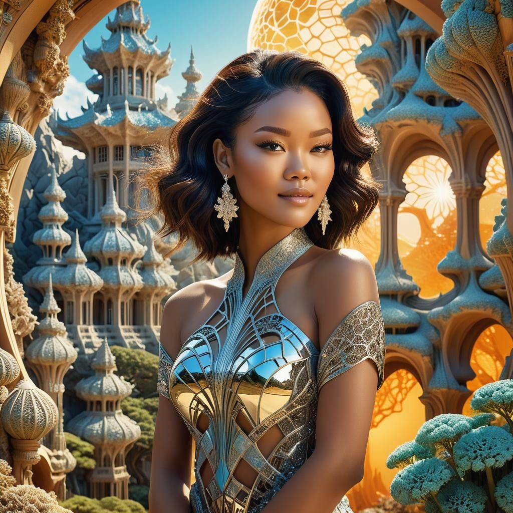 Ethereal Woman in Fractal Zen Garden