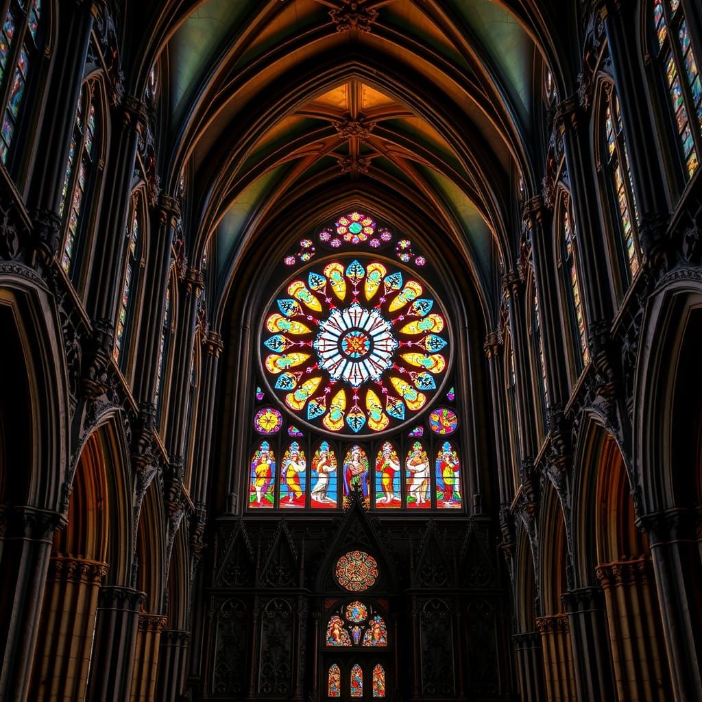 Gothic Church Interior with Stained Glass Rosette Window