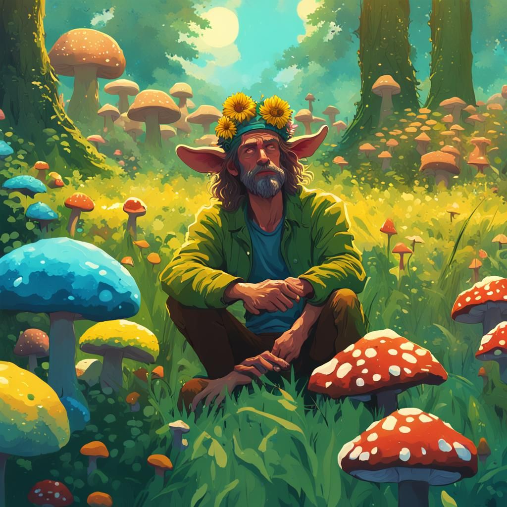 Hippy Satyr in Lush Meadow, Digital Concept Art