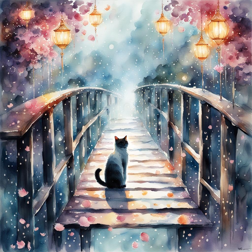 Cat on the bridge, Watercolor