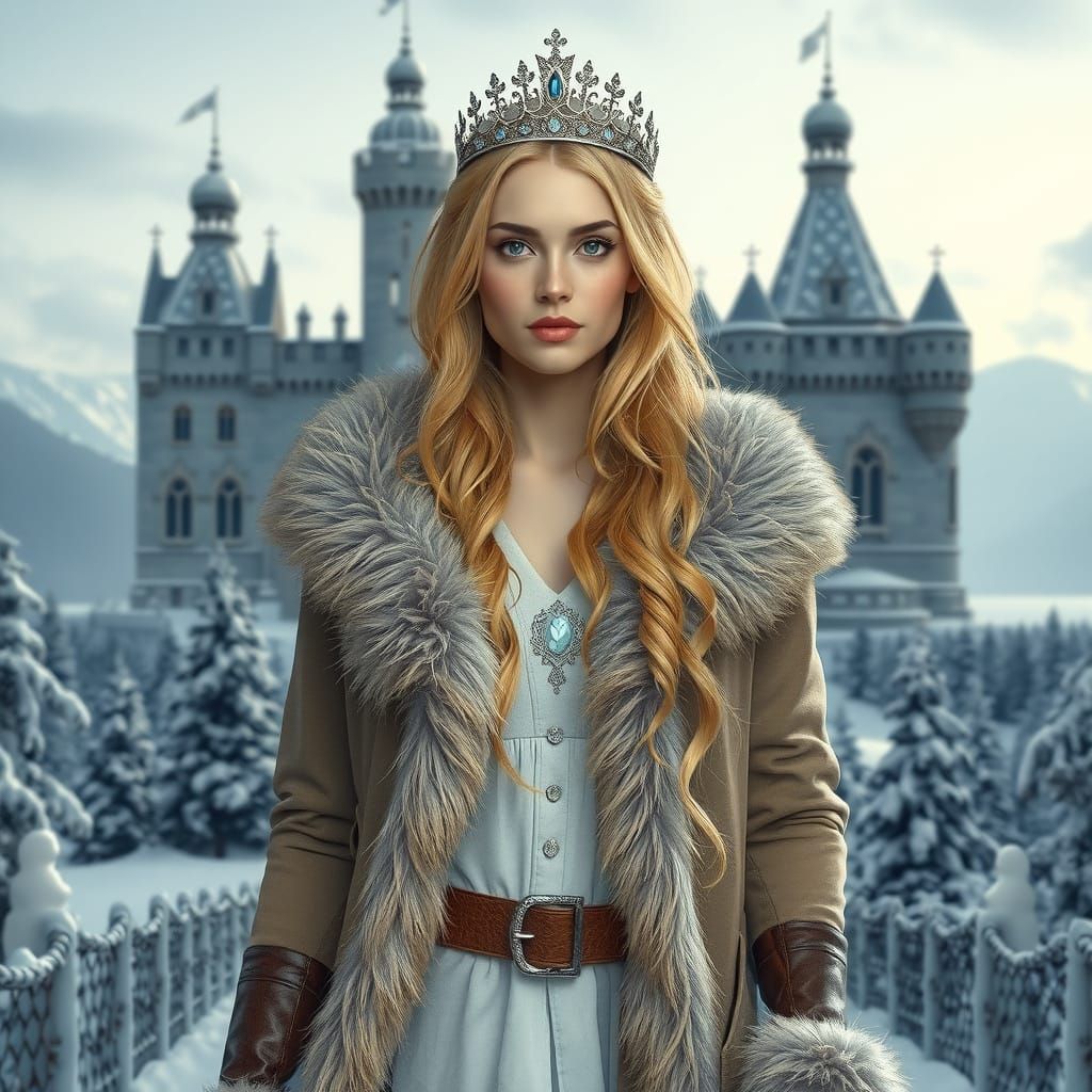 Regal Winter Queen in Majestic Castle Landscape