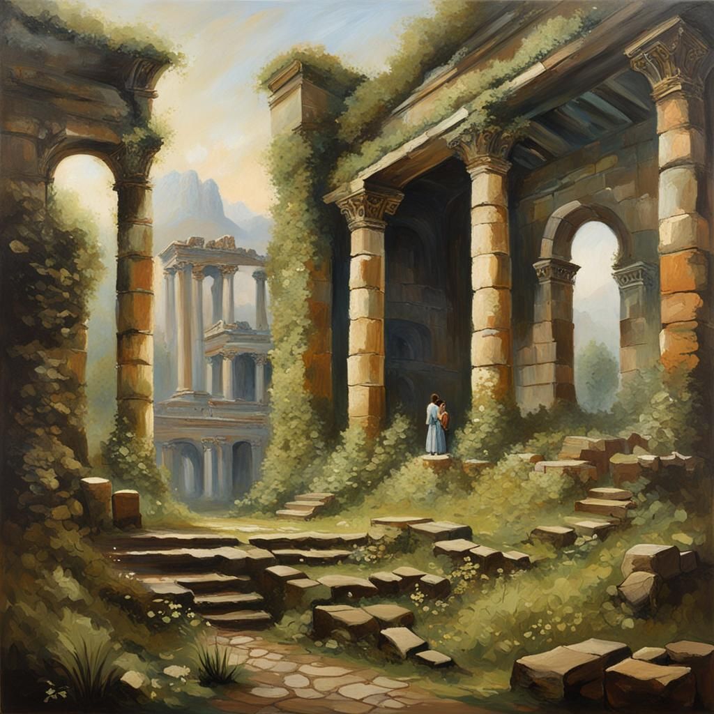 Romantic Oil Painting of Roman Ruins with Figure
