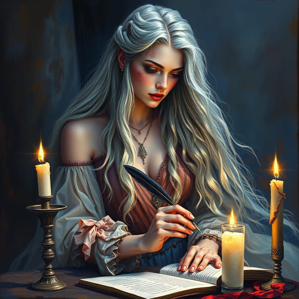 Norse Goddess Writing by Candlelight in Epic Impressionist S...