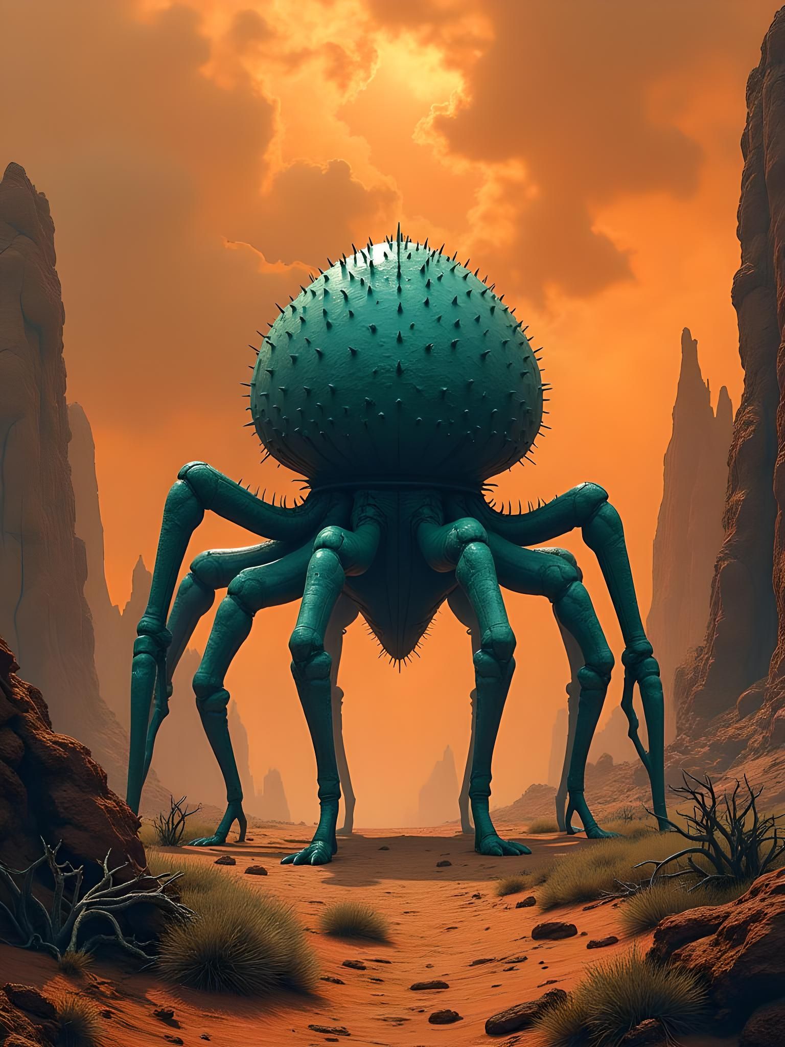 A radially-symmetrical alien with spiny skin and six legs in a rocky scrubland.