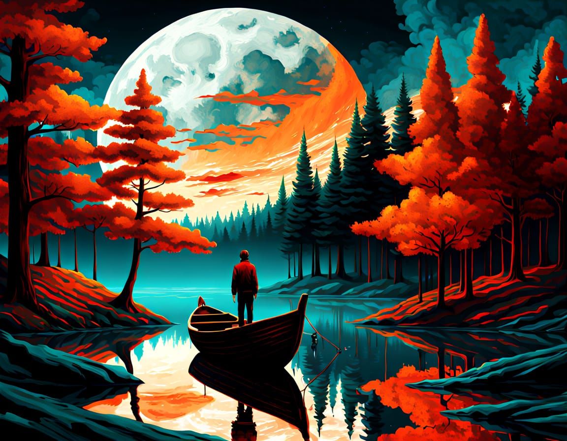 Crimson Moon Fantasy Landscape with Expressive Painterly Sty...