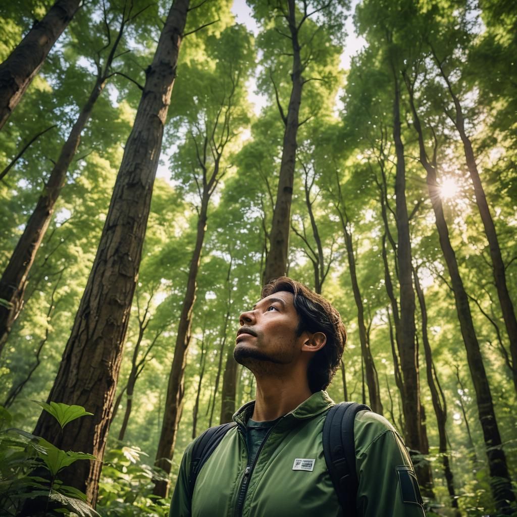 Person in Lush Forest Looking Upward