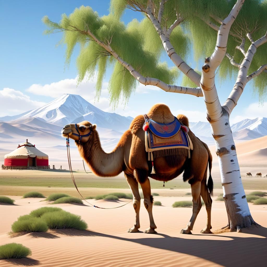 Mongolian Desert Camels in Summer: 3D Anime Art